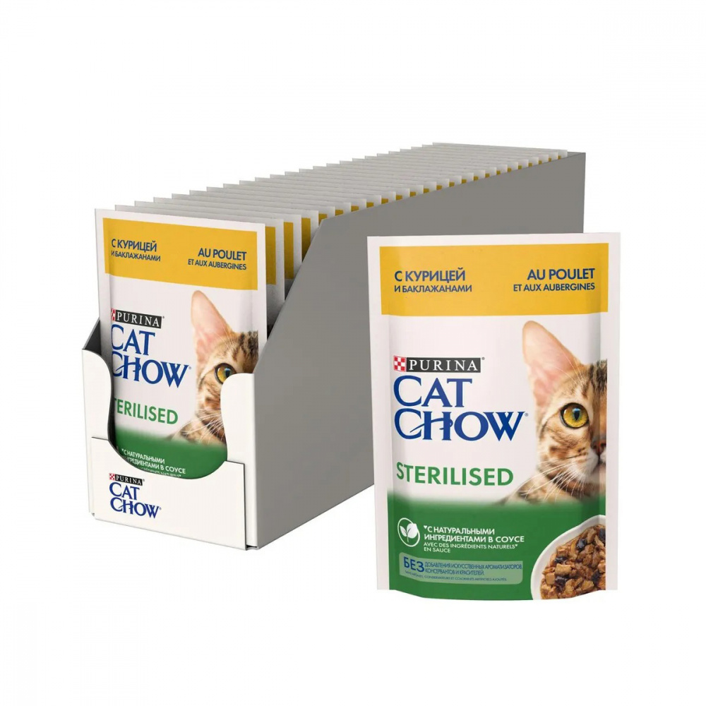 ПР0049782*26 Корм для кошек для стерилизованных и кастрированных, курица и баклажаны в соусе, пауч 85 г (упаковка - 26 шт) Cat Chow 