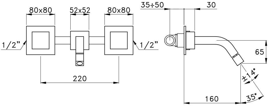 RUBINETTERIE STELLA Смеситель для умывальника настенный на 3 отверстия Bamboo quadro sun-id-1356593 - Вид №1