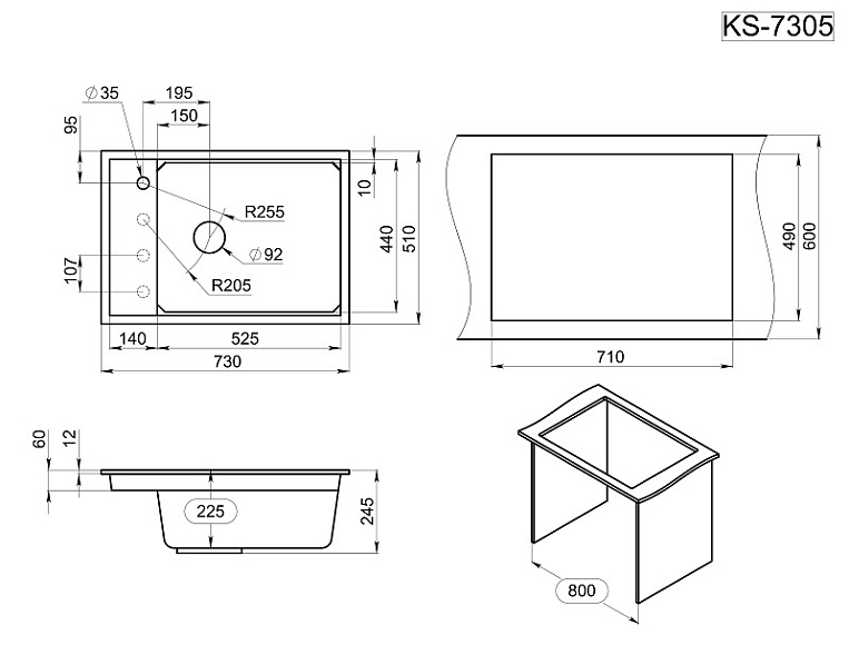 KS-7305, ШВАРЦ (чёрный металлик), кухонная мойка, кварц GRANULA 7305-ST320 - Вид №3