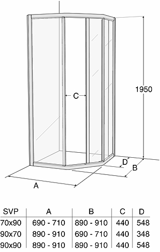 608080 IFO Душевая перегородка пятиугольная массивная SVP NK, алюминиевый профиль, прозрачное стекло, SVP VK 700 x 900 Solid - Вид №2