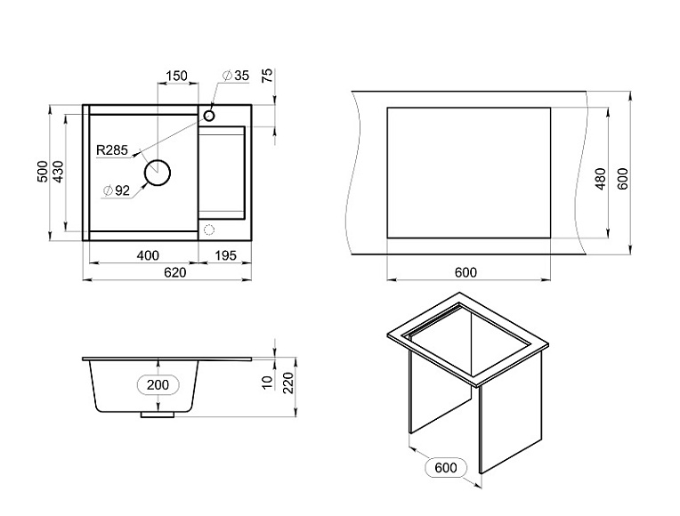 ES-6202, ГРАФИТ, кухонная мойка, кварц, ESTETICA GRANULA 6202-ST211 - Вид №4