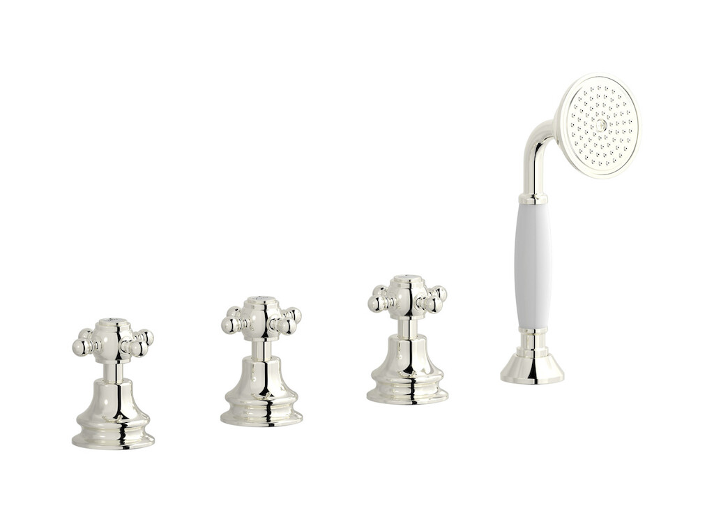 Смеситель на бортик ванной на 4 отверстия с изливом, дивертером и душевым гарнитуром. WE ARE IB hr397pl Platinum Hermes
