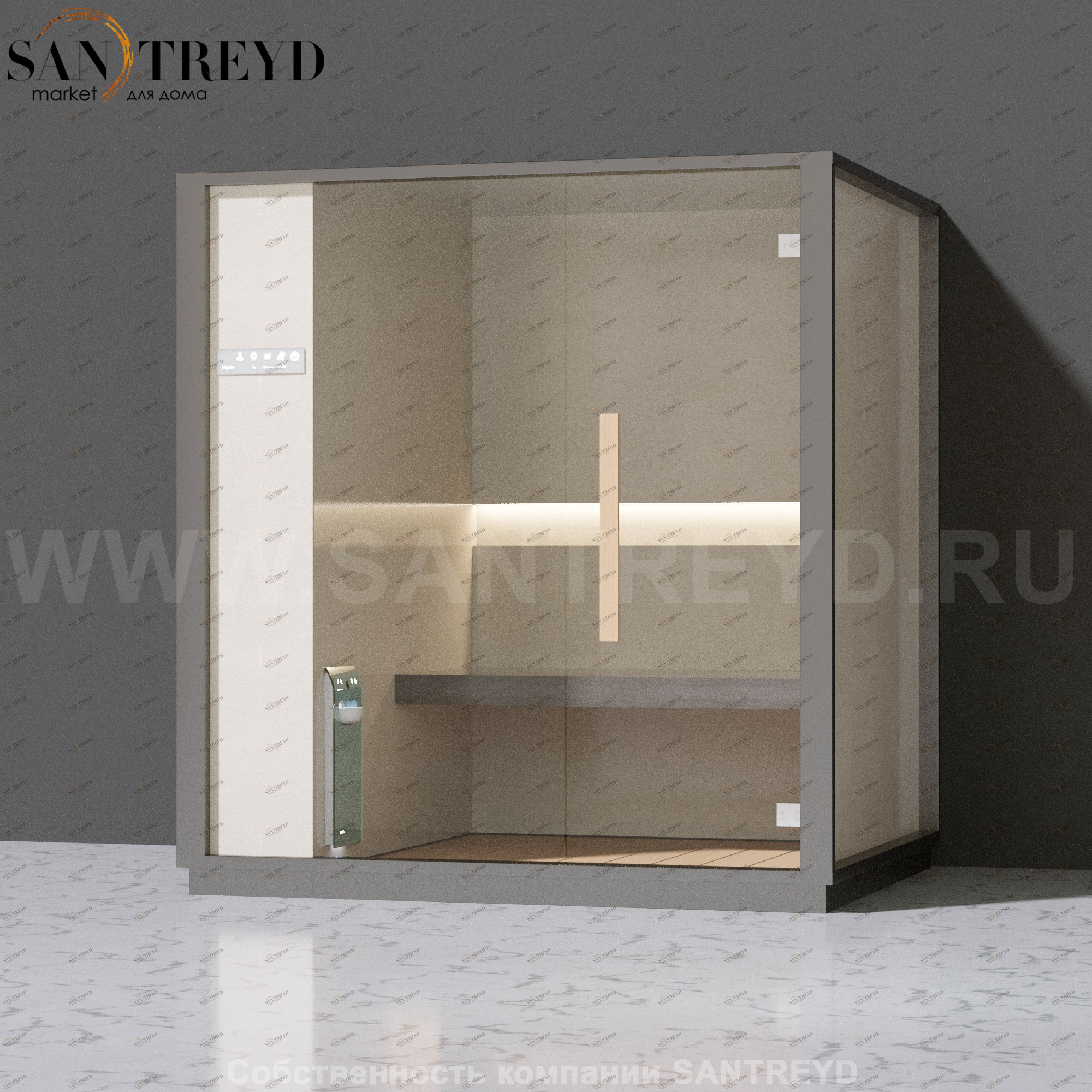 Effegibi ONE H LO60010002 Хаммам. Установка: к стене. Левая дверь. Мощность: 4,5 кВт макс. Размеры: длина 214 см, ширина 171 см. Отделка: матовый лакированный серый аллюминий и бежевый ламинат из керамогранита.