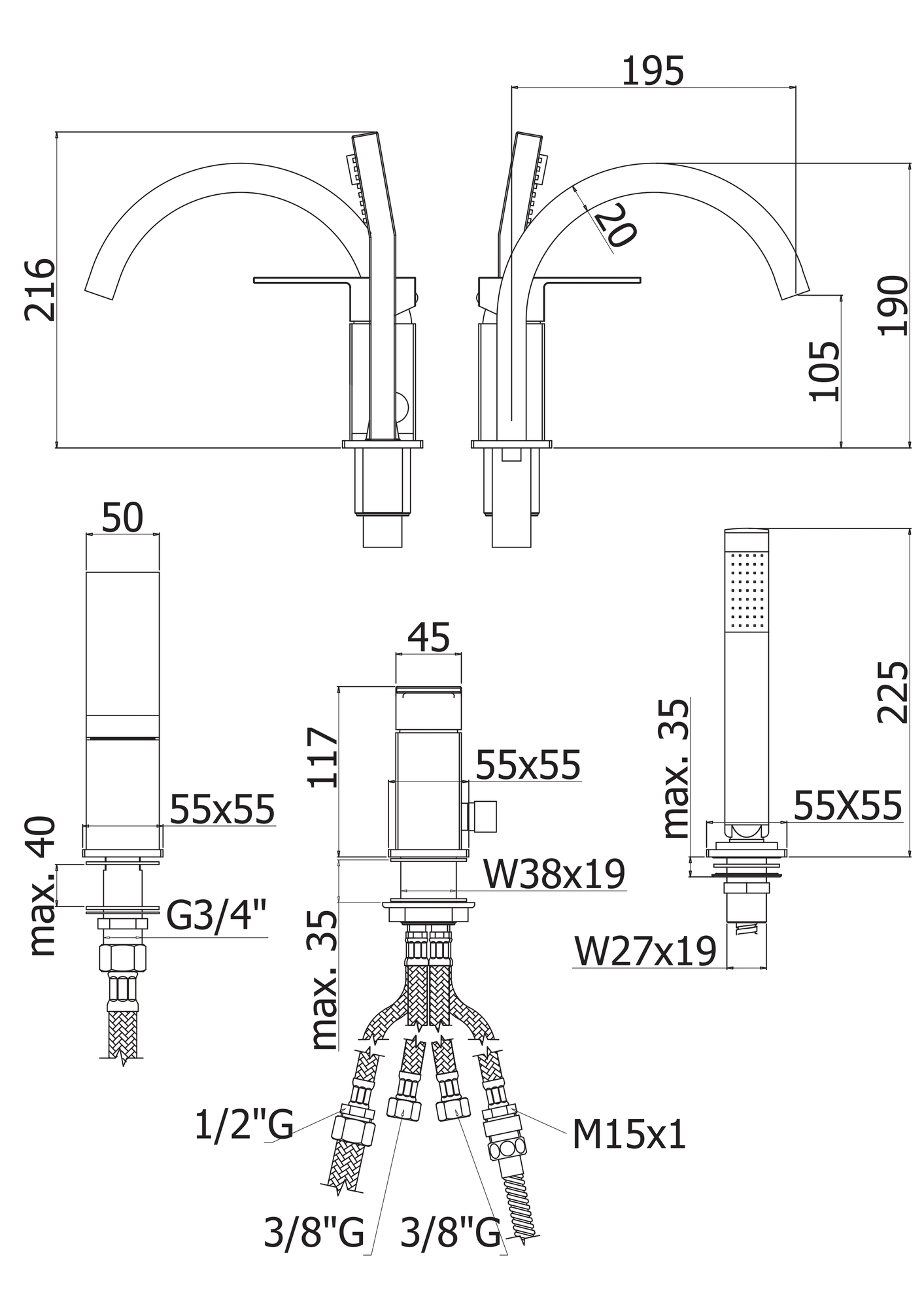 Смеситель на борт ванны с ручным выдвижным душем CEZARES EFFECT-BVD-01 - Вид №1