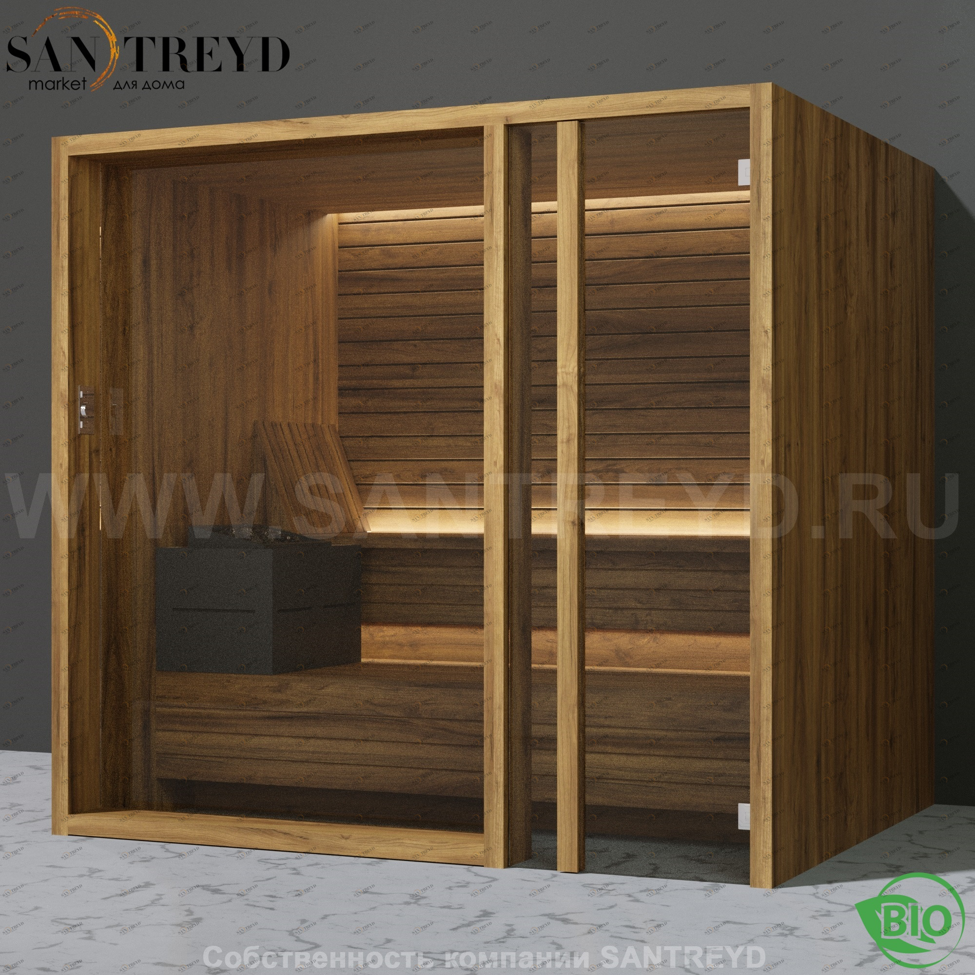 Effegibi YOKU.G105 BI.70300005 Био-сауна с правой дверью. Мощность: 12 кВт макс. Размеры: длина 230 см, ширина 200 см. Отделка: термообработанное дерево BI70300005