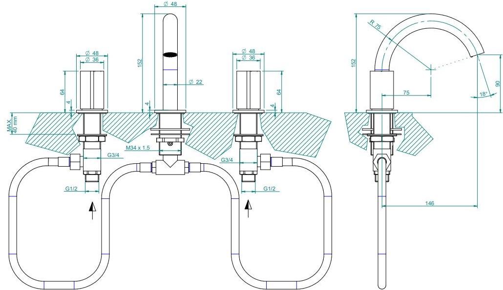 ZAZZERI Смеситель для раковины на 3 отверстия из нержавеющей стали Z316 sun-id-1461559 - Вид №3