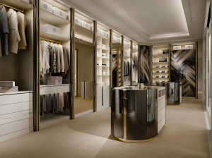 Модульная деревянная и стеклянная гардеробная со встроенным освещением