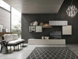 Gruppo Tomasella Модульная стенка для хранения крепится к стене, покрытой лаком из дерева в современном стиле.