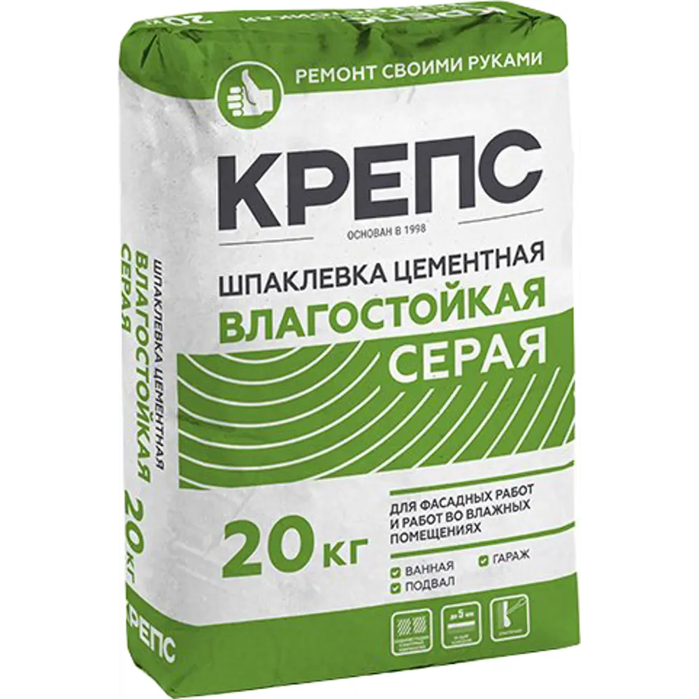 Шпаклёвка цементная влагостойкая Крепс 20 кг серая 82020641 STLM-2167582 Влагостойкая серая
