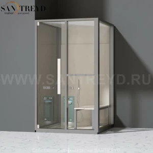 Effegibi H SMALL LO82010003 Комбинированная баня: хаммам и душ. Установка: в левый угол. Правая дверь. Мощность: 3 кВт макс. Размеры: длина 131 см, ширина 92 см. Отделка: матовый лакированный серый аллюминий и бежевый ламинат из керамогранита.