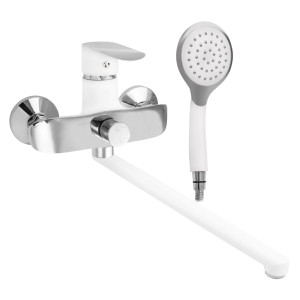 GFmark - Смеситель в ванную, шаровый, длинный излив, с дивертором на корпусе, комбинированный, с белой эмалью, код: 5270