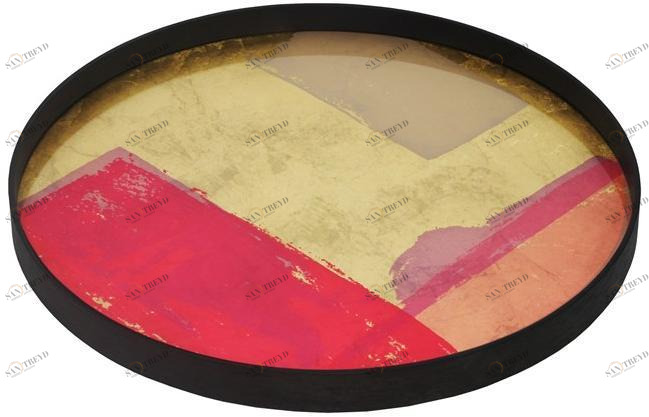 Ethnicraft Круглый поднос из дерева и стекла Bright abstract 20451