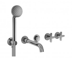 R019B+R019A  Встроенный смеситель для ваннывылет 20 см ручки переключатель на 2 потока с поворотной кнопкой ручная лейка ICONA шланговое подсоединение с держателем для ручной лейки гибкий шланг 150 см ПВХ картридж керамический 90° впуски 1/2'' Fantini Rub