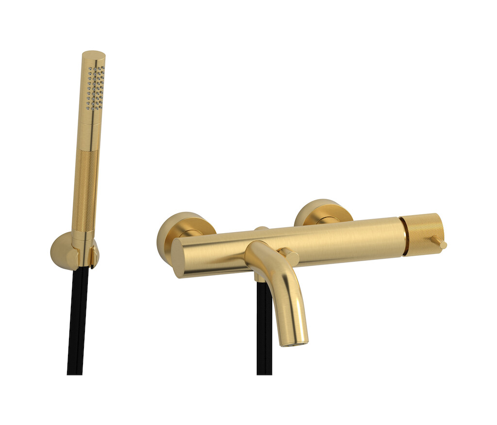 Настенный смеситель для ванной в комплекте с душевым гарнитуром. WE ARE IB id250os Brushed Gold Industria