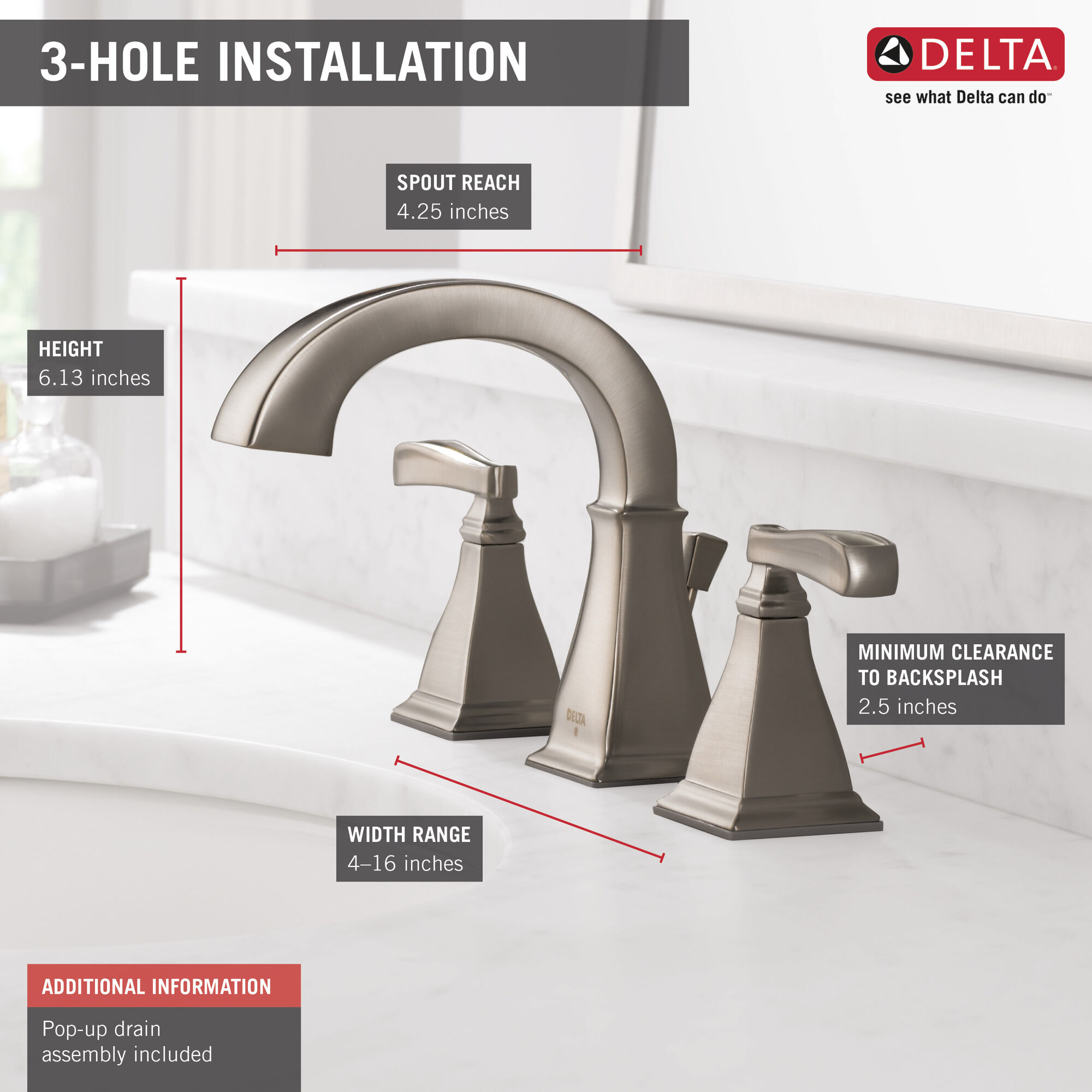 35718-SP-DST Смеситель для ванной комнаты с двумя ручками Delta Faucet Lakewood Матовый никель Spotshield - Вид №2
