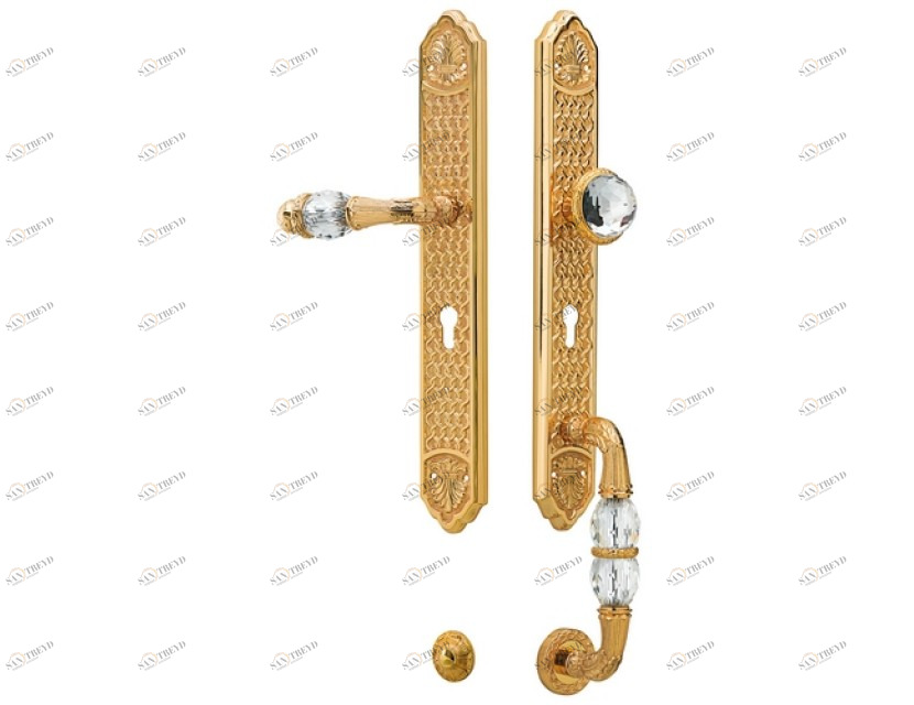 0J3007.SZD.12 Комплект для входной двери с каплевидным вырезом из кристаллов swarovski, европрофиль 85мм Золото 24К с черной патиной Mestre 