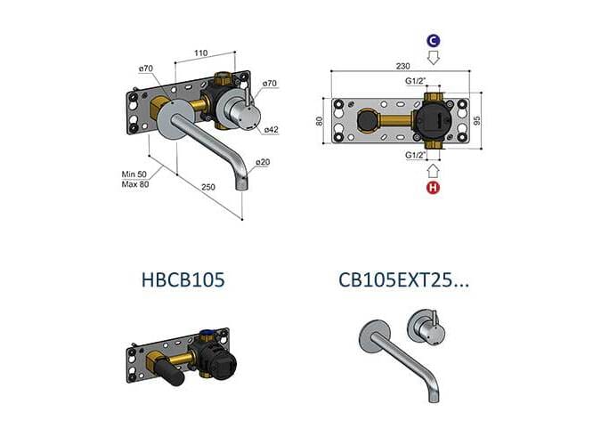 Латунный настенный смеситель для раковины с 2 отверстиями Hotbath Cobber ARCH-00109817 - Вид №3