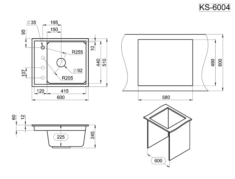 KS-6004, АРКТИК (БЕЛЫЙ), кухонная мойка, кварц GRANULA 6004-ST311 - Вид №3
