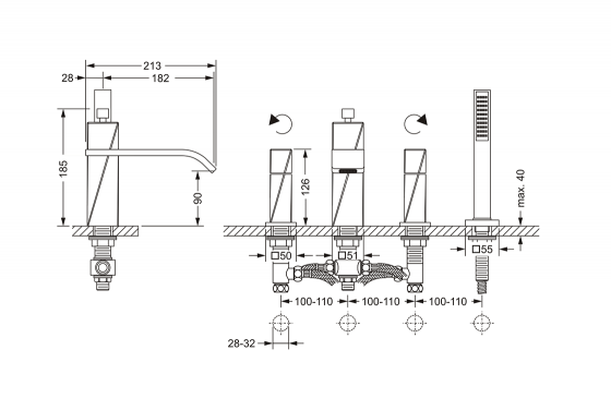 Смеситель для ванны на 4 отверстия ½“, монтаж на борт ванны JOERGER Turn 623.40.100.000 - Вид №1