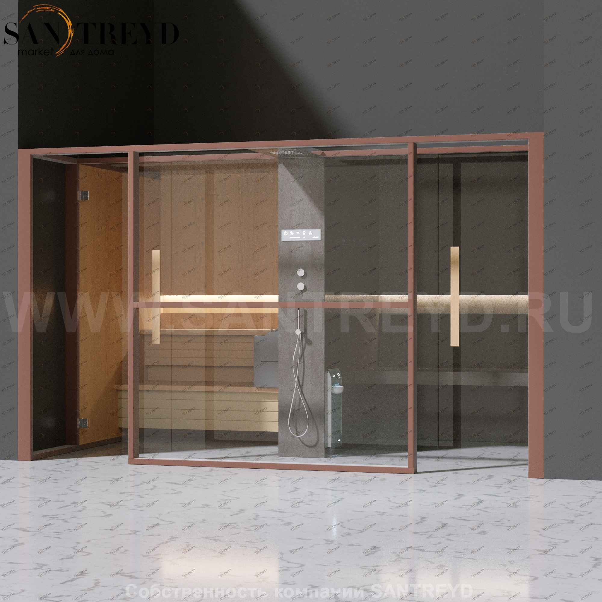 Effegibi LOGICAFILO LO11030006 Комбинированная баня: хаммам и сауна. Установка: в нишу. Мощность: 10,5 кВт макс. Размеры: длина 373 см, ширина 250 см. Отделка: канадский хемлок, матовый лакированный коричневый аллюминий и темный ламинат из керамогранита.