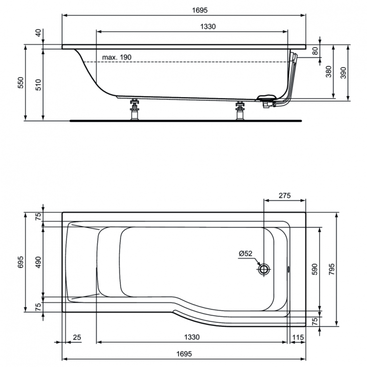 E113501 Асимметричная ванна 170х80 см Ideal Standard CONNECT AIR - Вид №4