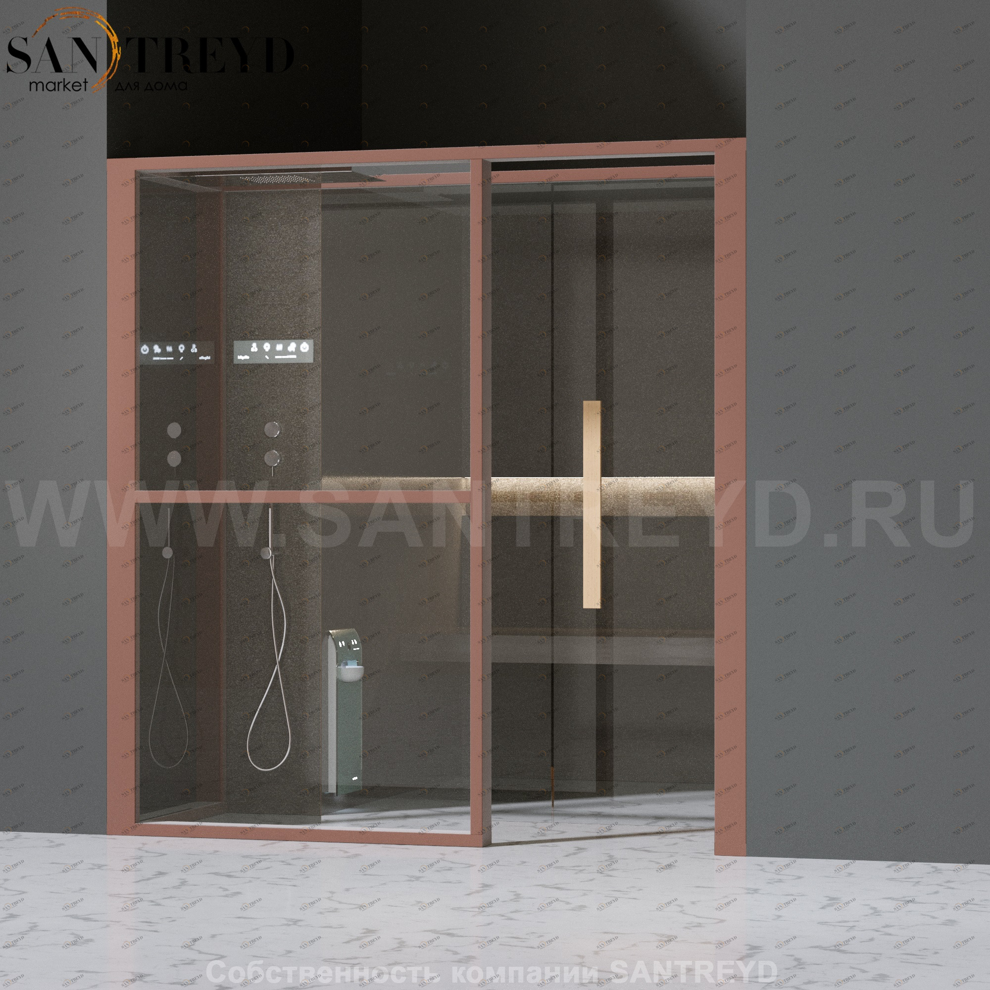 Effegibi LOGICAFILO H LO31030010 Хаммам. Установка: в нишу. Левая дверь. Мощность: 4,5 кВт макс. Размеры: длина 214 см, ширина 250 см. Отделка: матовый лакированный коричневый аллюминий и темный ламинат из керамогранита.