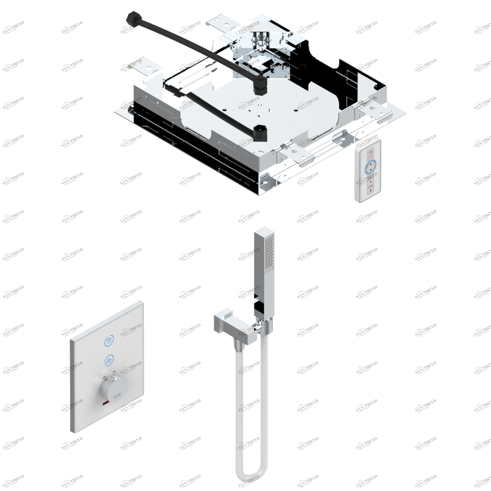 D14-6735B Комплект для душа Electrobox (включающий верхний душ из нержавеющей стали с хромотерапией 380 х 380 мм, квадратный ручной душ и смеситель с белой панелью, встраиваемый корпус и трансформатор) Thg-paris Electrobox Хром D14 6735B  A02 CAT.A