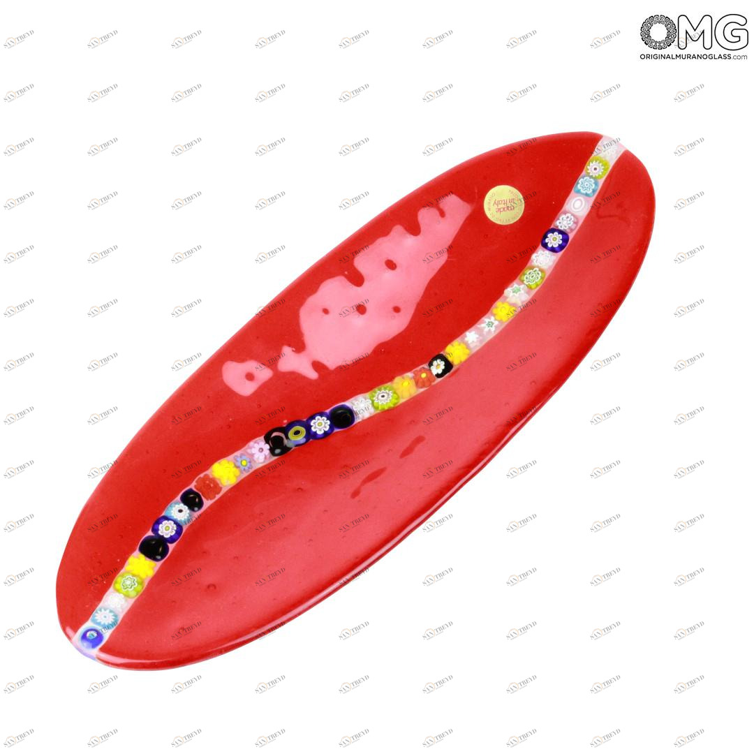 1622 ORIGINALMURANOGLASS Овальное блюдце Миллефиори - красное - муранское стекло 28 см 