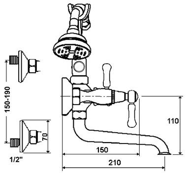 rvb Смеситель для ванны настенный с ручным душем на 2 отверстия 1935 limoges 1935.--.99 - Вид №1