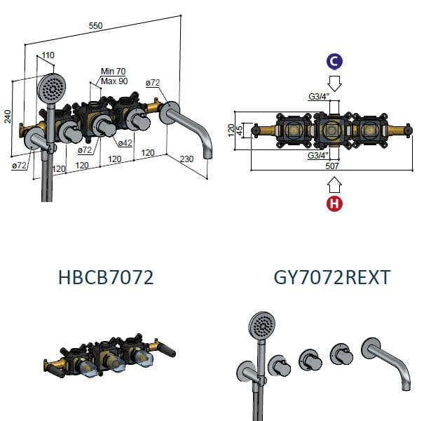 Латунный термостатический настенный смеситель для ванны Hotbath Guy ARCH-00101052 - Вид №2