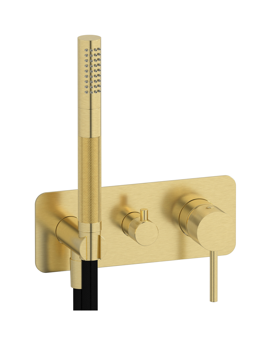 Внешние части встроенного в стену смесителя на 3 потребителя в комплекте с душевым гарнитуром. WE ARE IB id314is Brushed Pale Gold Industria