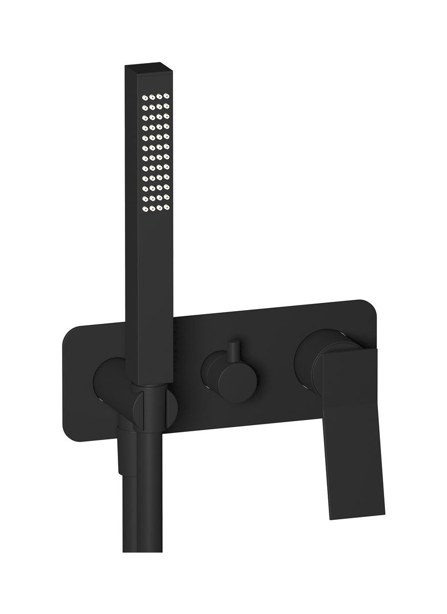 Внешние части встроенного в стену смесителя на 2 потребителя в комплекте с душевым гарнитуром. WE ARE IB wa312sr Matt Black Wave