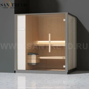 Effegibi ONE S LO50010006 Сауна. Установка: в левый угол. Левая дверь. Мощность: 6 кВт макс. Размеры: длина 214 см, ширина 171 см. Отделка: канадский хемлок, матовый лакированный серый аллюминий и бежевый ламинат из керамогранита.