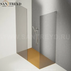 Душевое ограждение FLAT D подрезаемое, стеклянная дымчатая перегородка с поддоном из тика. Размеры: глубина от 70 до 95 см, длина от 140 до 160 см