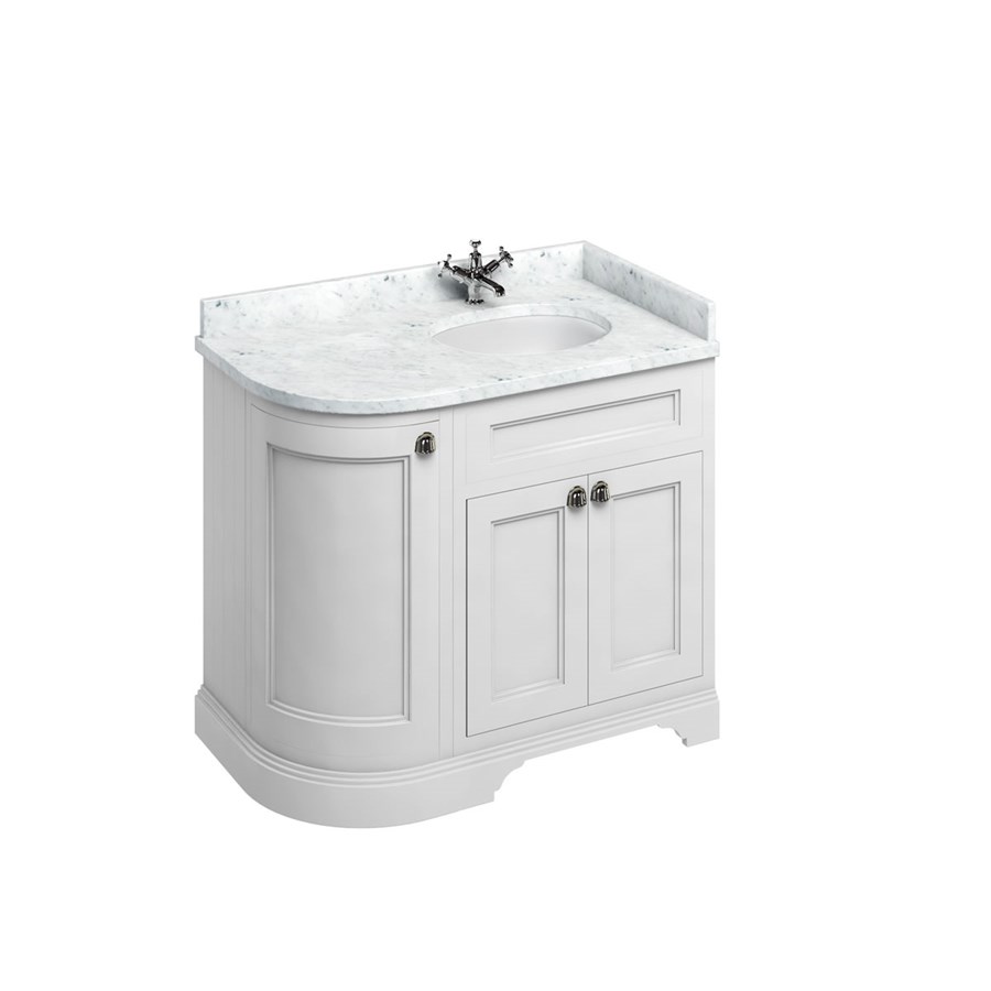 Burlington Отдельностоящий изогнутый угловой блок 100 RH со столешницей Carrara White и встроенной белой раковиной Песок FC3S_BC98R  - Вид №1