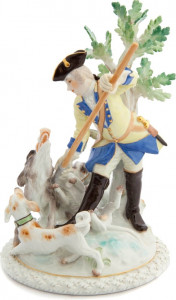 10593777 Meissen Фигурка 23x14x14см "Охотник с собаками на охоте на кабана" (И.-И.Кэндлер, 1739 г.) Фарфор