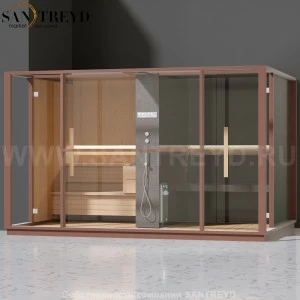 Effegibi LOGICA LO10030004 Комбинированная баня: хаммам и сауна. Установка: в левый  полуугол. Мощность: 10,5 кВт макс. Размеры: длина 373 см, ширина 250 см. Отделка: канадский хемлок, матовый лакированный коричневый аллюминий и темный ламинат из керамогр