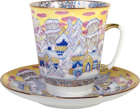 80397 Императорский фарфоровый завод Чашка с блюдцем "Морозный вечер" "Майская" Фарфор костяной 