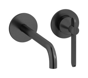 Встроенный в стену смеситель для раковины на 2 отверстия с длинным изливом в комплекте с донным клапаном WE ARE IB oh396sr Brushed Black Chrome Soho