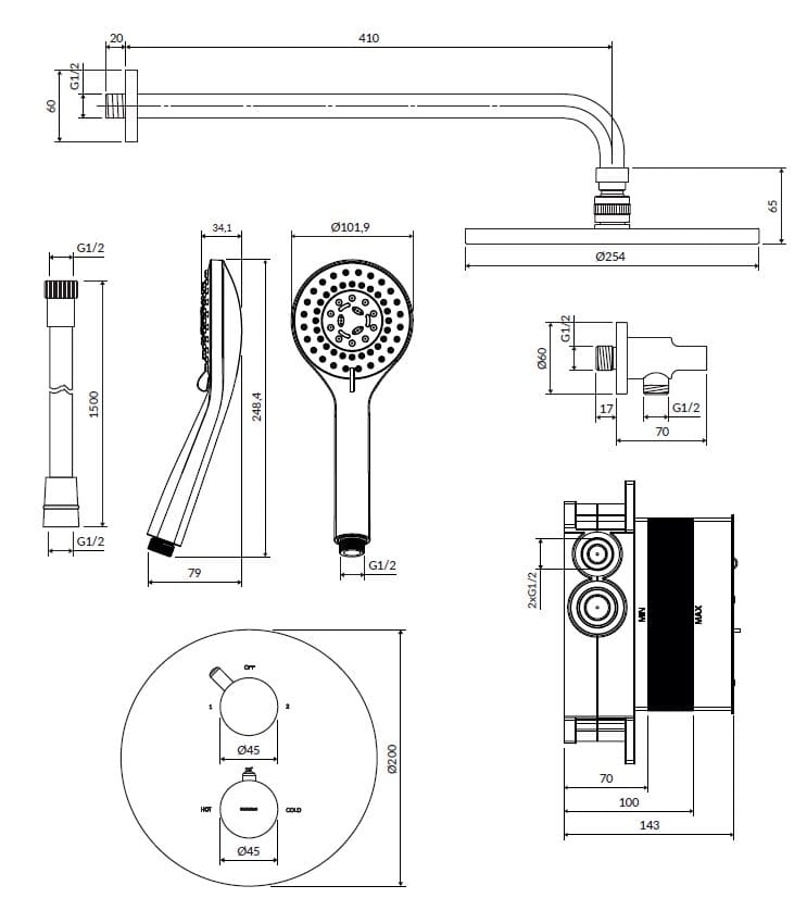 Термостатический набор для душа с ручным душем и душем OMNIRES Y SYSYT05 ARCH-00052738 - Вид №12
