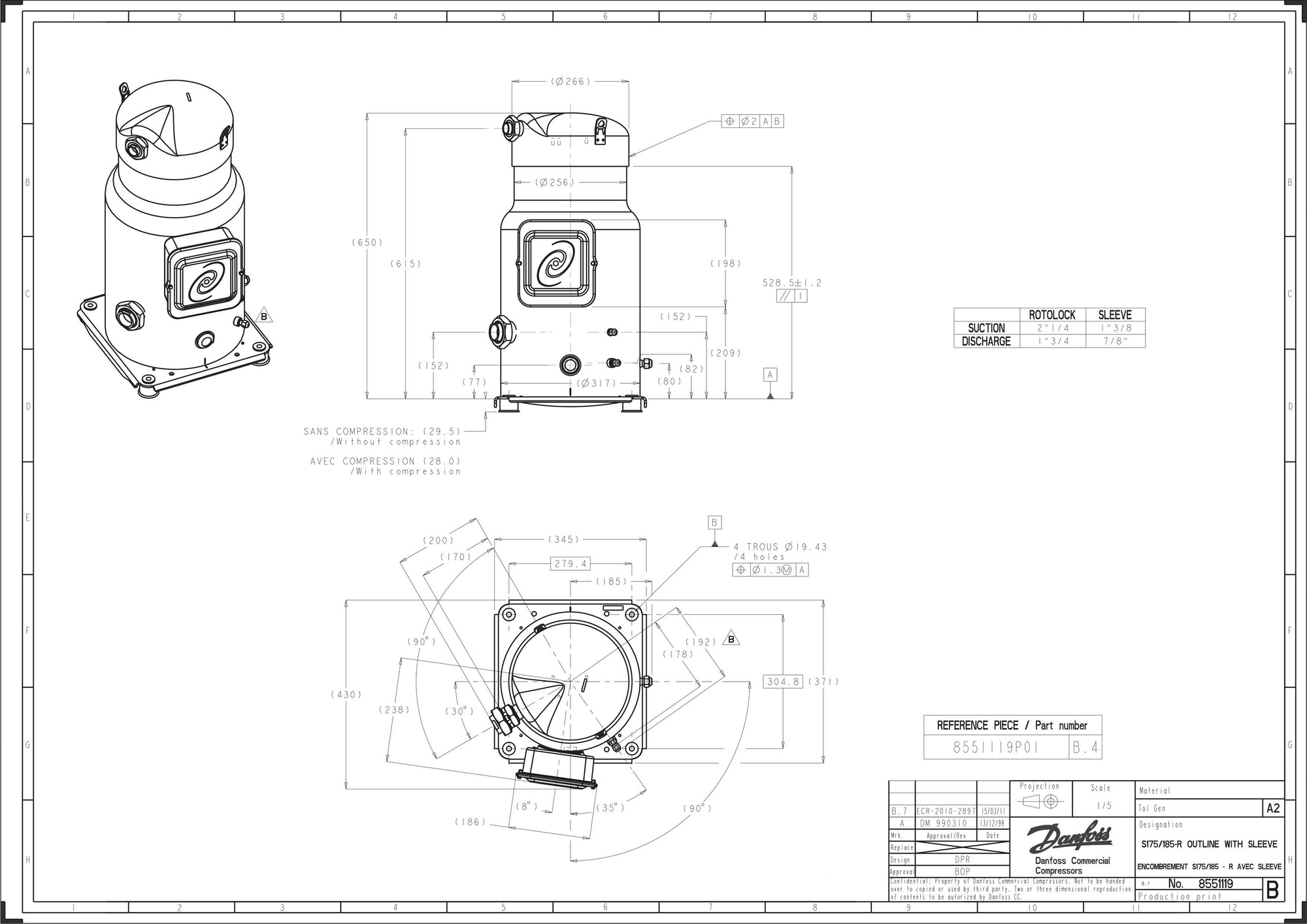 Danfoss SY — Герметичные спиральные компрессоры, R22, R134a, R407C SY185-4RI Компрессор спиральный SY185-4RI  - Вид №6