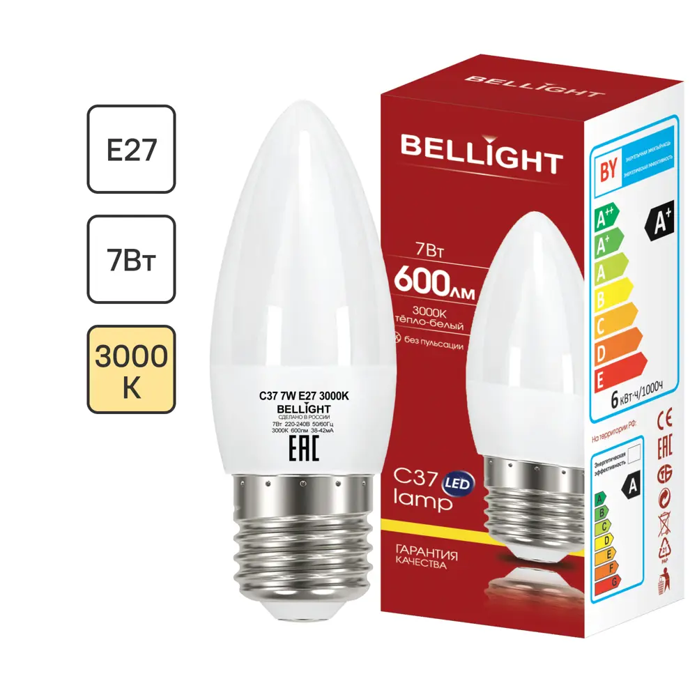 BELLIGHT Светодиодная лампа E27 свеча 7Вт теплый свет 86170860 STLM-0066657