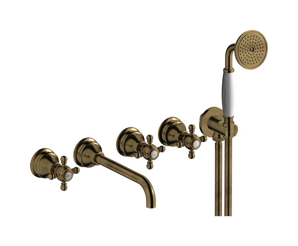 Настенный смеситель для ванной на 5 отверстий с дивертером и душевым гарнитуром. WE ARE IB hr398bb Antique Bronze Hermes
