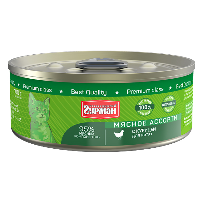 УТ0008869 Корм для котят Мясное ассорти курица конс.100г ЧЕТВЕРОНОГИЙ ГУРМАН 