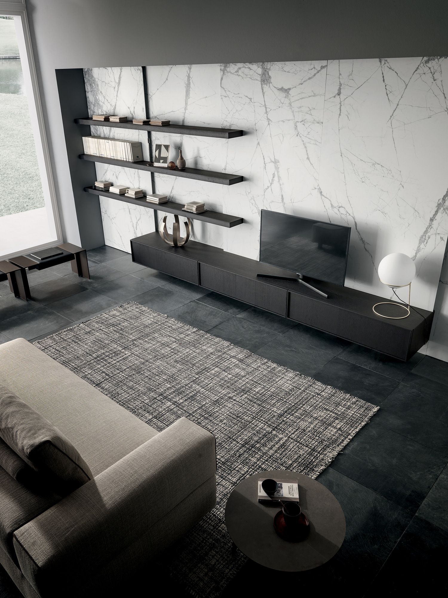 Стена оборудована дубовой и керамогранитной ТВ-стойкой MODULNOVA рамка ARCH-00069618 - Вид №1