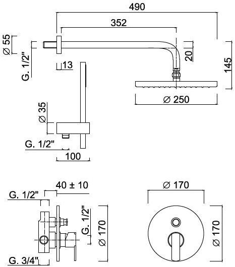 Rubinetteria Giulini Смеситель для душа с ручным душем с верхним душем Surf F5813kb - Вид №2