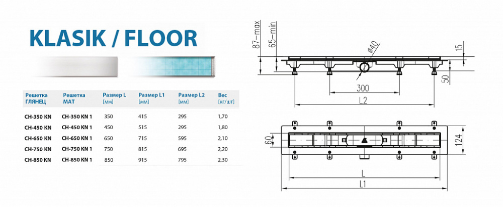 Водоотводящий желоб ALPEN Klasic/Floor ALP-450KN с рамкой  - Вид №1