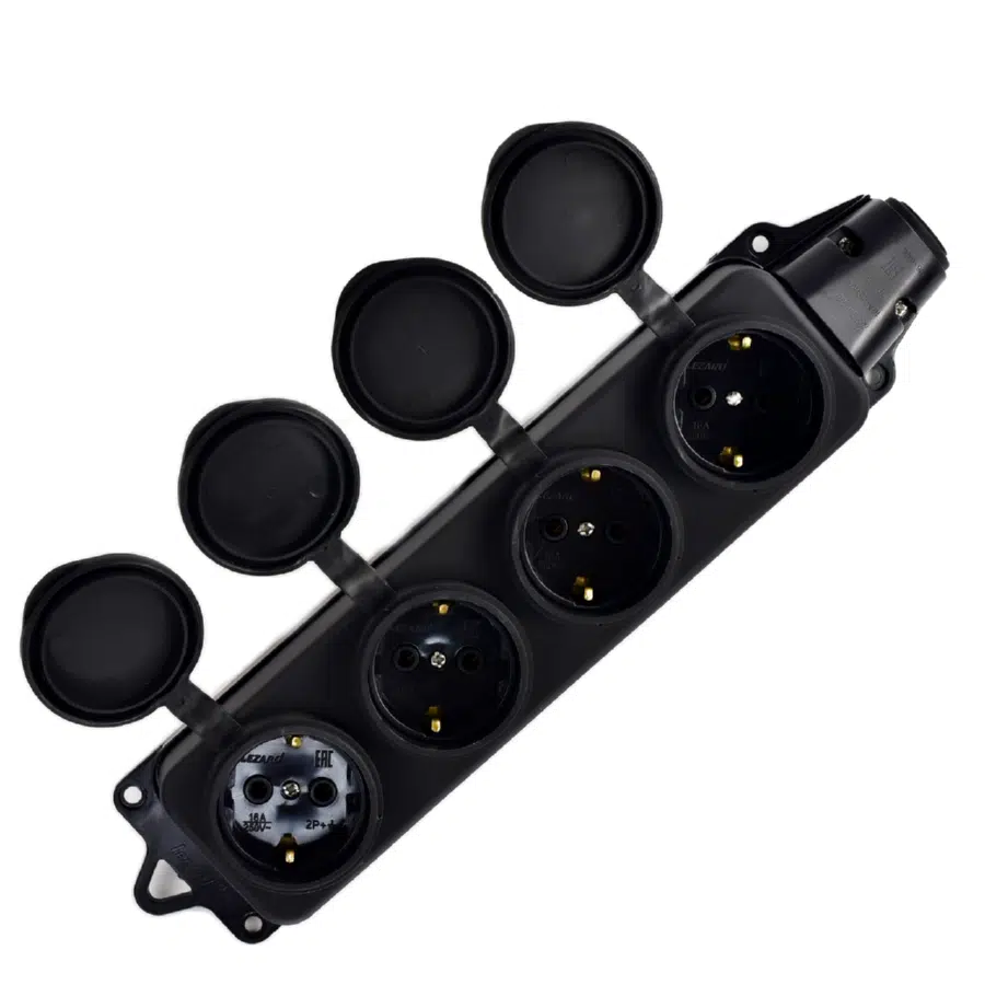 Розетка наруж. уст-ки 4-ая с заглушками 2Р+РЕ 1х16А 220-240V (каучук) черный LEZARD 106-0400-0107 - Вид №4