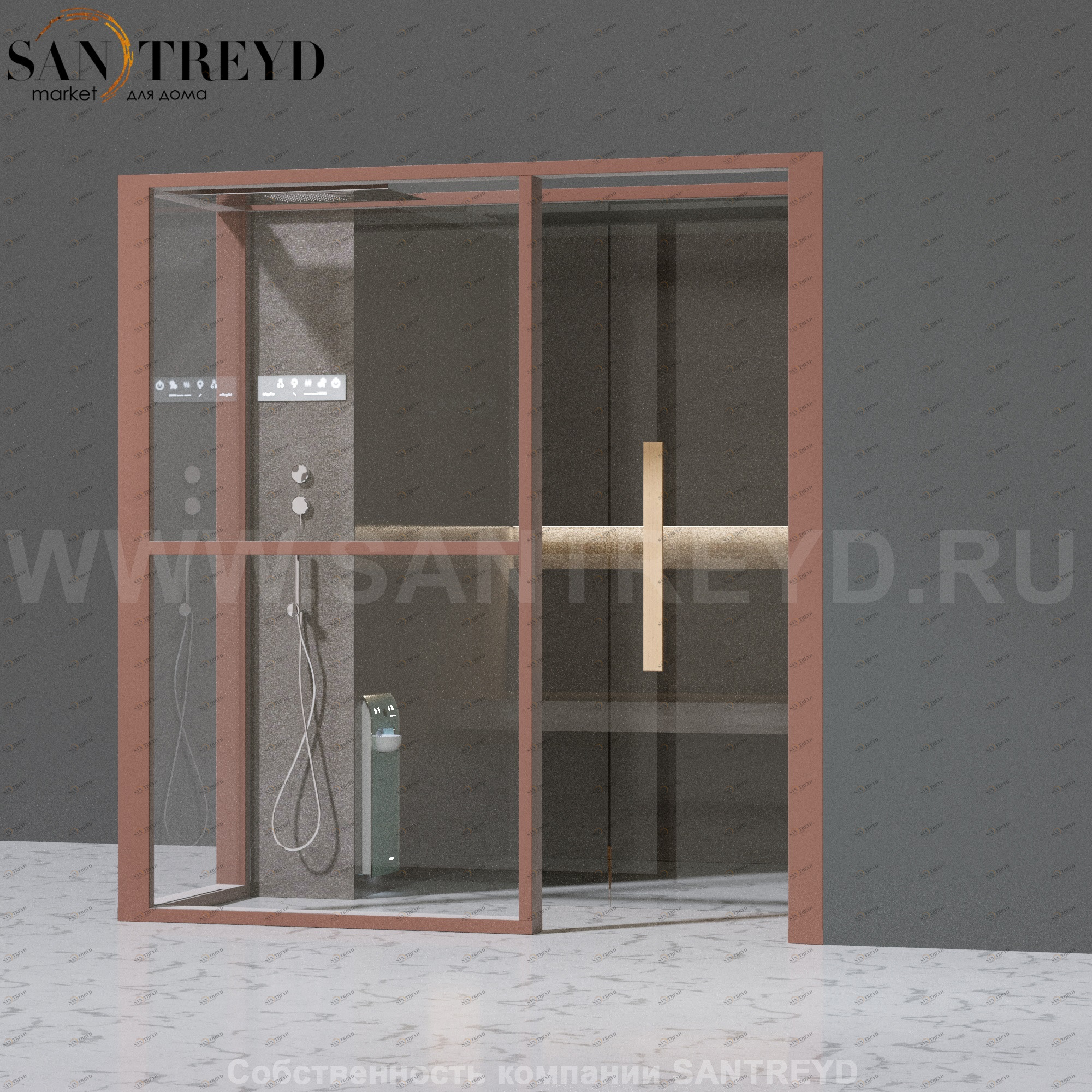 Effegibi LOGICAFILO H LO31030008 Хаммам. Установка: в правый угол. Левая дверь. Мощность: 4,5 кВт макс. Размеры: длина 214 см, ширина 250 см. Отделка: матовый лакированный коричневый аллюминий и темный ламинат из керамогранита.