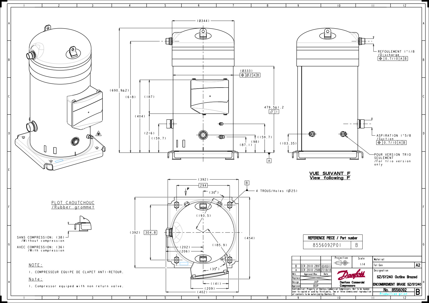 Danfoss SY — Герметичные спиральные компрессоры, R22, R134a, R407C SY185-4RI Компрессор спиральный SY185-4RI  - Вид №11